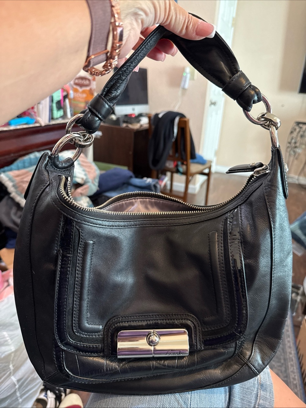 Coach Kristin Black Leather Shoulder Bag with Silver Hardware